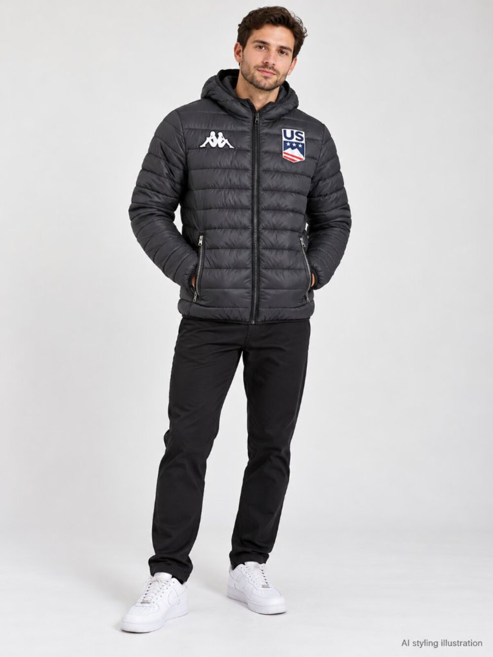 Kappa Gara US Ski Hooded Quilted Puffer Jacket Small Black Charcoal